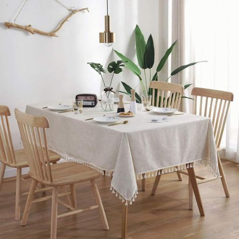 Nappe rectangulaire en coton lin avec pompon, Beige, 70x70 cm