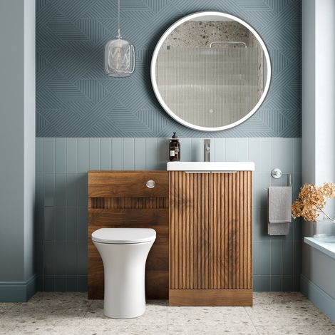 1000mm Fluted Bathroom Vanity Unit Set and Rennes Back-to-Wall Toilet Walnut (1/4)