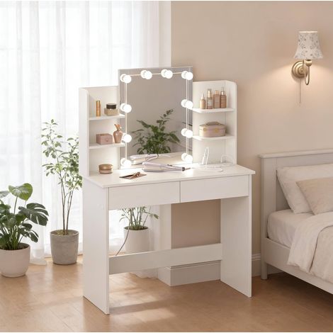 Tocador 90x40x135 cm, espejo con 10 bombillas y enchufes integrados, 2 cajones y 4 estantes, madera engineered blanca (1/5)