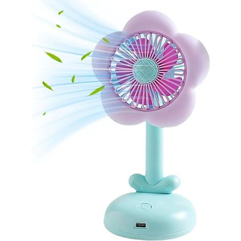 Tragbarer Tischventilator, klein, leiser Luftstrom, USB-aufladbar, hübsches Blumendesign und Licht, blau (1/5)