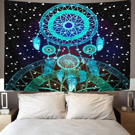 1 carillon éolien bleu, tapisserie murale attrape-rêves 200x150cm (1/4)