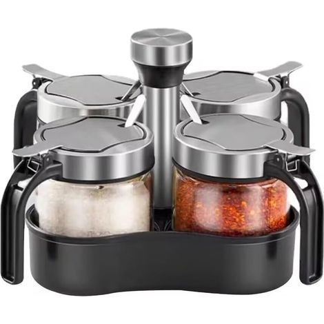Spice jars with lids and spoons, set of 4, with 360° rotating compartments, perfect for kitchen use. (1/5)