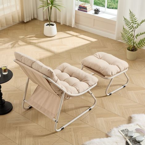 Fauteuil de jardin relax avec pouf, chaise longue inclinable à hamac, coussin moelleux et repose-pieds, idéal salon, chambre, coin lecture, cadre et coussin beiges. (1/5)