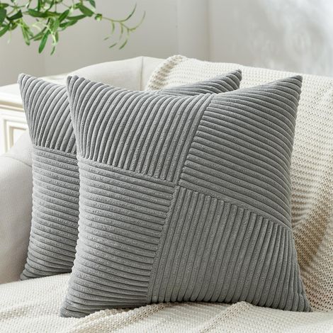 Housse de coussin en velours cotele geometrique patchwork gris clair 30x50cm, fermeture eclair invisible, lot de 2 (1/5)