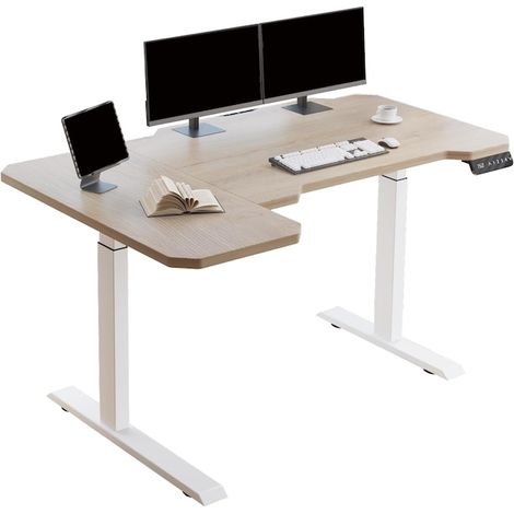 150 cm Bureau Électrique Debout en L à Double Moteur Structure en Acier Réglable en Hauteur, Chêne/Blanc