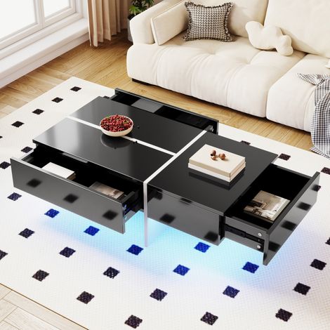 Mesa de centro negra en alto brillo con LED controlado por app, 3 cajones, tablero de partículas y 100 x 50 x 34,5 cm, ideal para salón moderno CHICFURN (1/5)