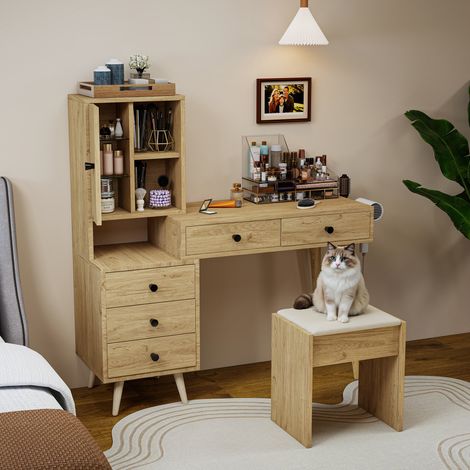Toeletta moderna con specchio estraibile, 5 cassetti, armadietto laterale e sgabello beige (1/5)