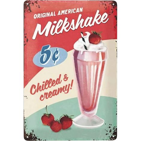 Plaque métallique rétro – Milkshake – Idée cadeau pour amateurs d’ambiance américaine et diners, décoration murale vintage 20x30 cm (1/5)