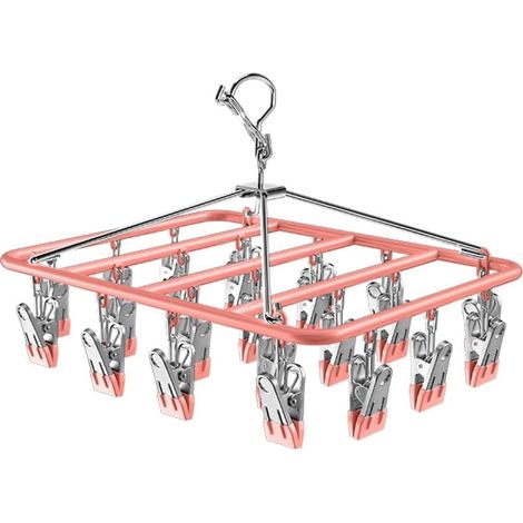 Pivotant Coupe-Vent accroche-Chaussettes, Cintre à Chaussettes pour Corde à Linge, Séchoir à Chaussettes en Acier Inoxydable Crochet tournant, 23 Clips Séchoir à sous-vêtements (Rose) (1/5)