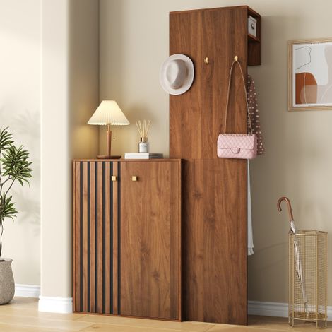 Vestiaire d'entrée 115 x 38,5 x 191,5 cm avec meuble à chaussures et penderie, noyer, en MDF (1/5)