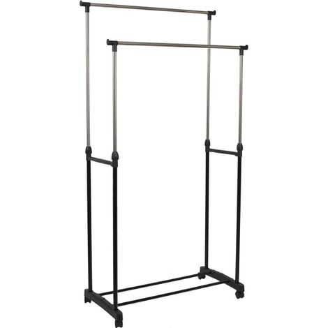 Paris Prix – Portant à vêtements sur roulettes – Hauteur réglable 90-160 cm – Métal noir – Charge max 10 kg – 2 barres