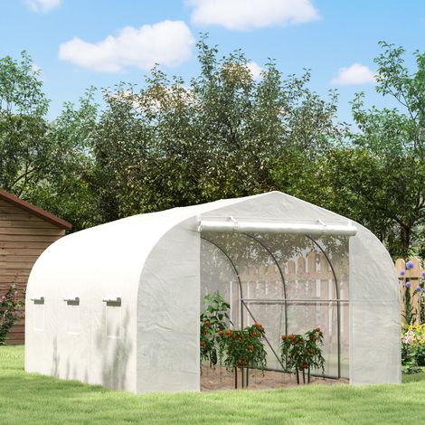 Blanche - Serre de jardin, serre tunnel de jardin avec 6 fenêtres et porte à roulettes, serre de jardin en acier et polyéthylène, 3,5x3x2 m