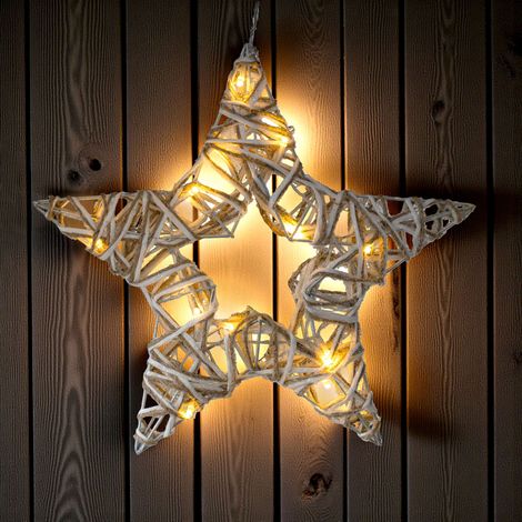 Rattan Stern zum Hängen warm weiß beleuchtet mit Timer - 35 cm - Weihnachtsstern Deko Leuchte 15 LED Batterie betrieben