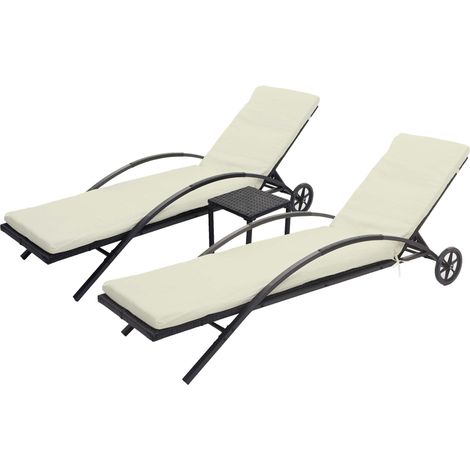 2x Chaises longues HWC-E27 en polyrotin - noir, coussins crème-beige (1/5)