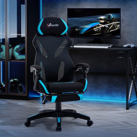 Silla gaming con soporte lumbar, silla de oficina ergonómica con altura regulable en tela negra y azul, 65x65x119-129cm (1/5)