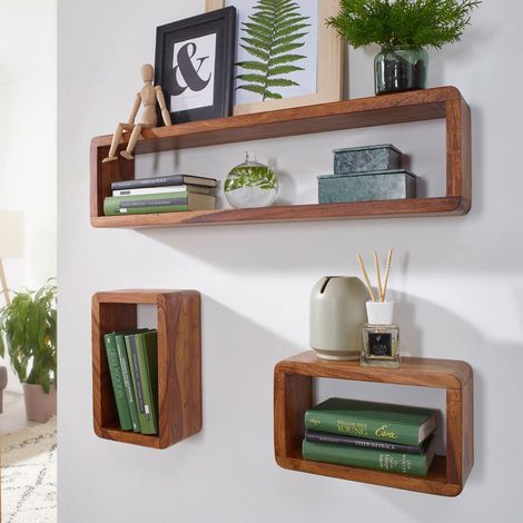 Lot de 3 étagères rectangulaires en bois massif – Dimensions grandes étagères 80 x 15 x 20 cm – Charge maximale 5 kg – Fixation murale invisible