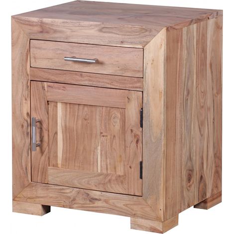 Nachttisch Massivholz Akazie Design Nachtkommode 60 cm mit Schublade und Tür Nachtschrank für Boxspringbett B/H/T ca. 50/60/40cm (1/5)