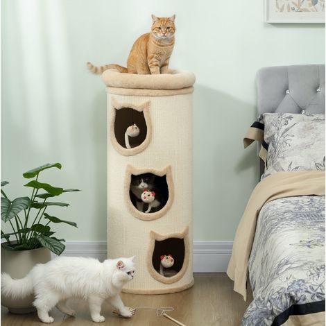 Árbol rascador para gatos de 96 cm con 3 cuevas, cesta lavable y juguetes, gris OKMYHOME (1/5)