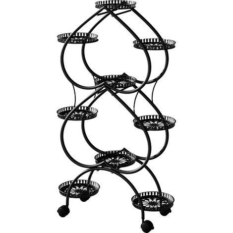 Soporte para plantas, 9 macetas, diseño móvil, negro (1/2)
