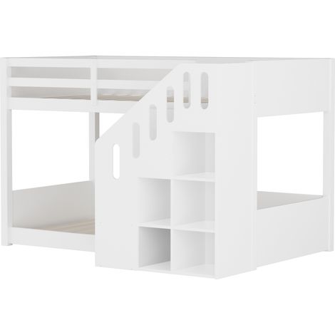 Lit mezzanine enfant 90x200 cm blanc avec escalier de rangement et garde-corps (1/5)