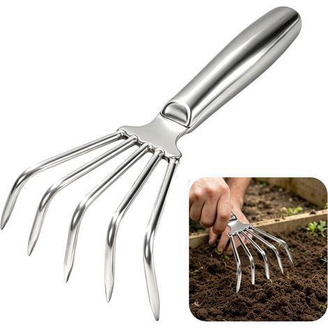 Râteau Manuel à 5 Dents, Outil de Jardin en Acier Inoxydable à Manche Court, Dents métalliques pour désherber, Creuser et ameublir Le Sol des pelouses et Jardins (1/5)
