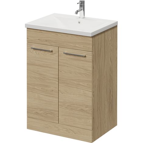 Napoli 460 Light Oak 600mm 2 Door Vanity Unit with Glide Basin - 600mm - Chrome 160mm Handle