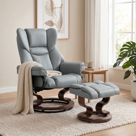 Fauteuil inclinable pivotant avec repose-pieds, dossier haut, mousse haute densité, base en bois, gris clair (1/5)