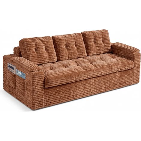 Fabulcozy 3-Sitzer-Sofa ohne Rahmen, tiefe Sitzfläche, gesteppter Cord-Sitzsack, kompakt für Wohnung, Schlafzimmer oder Wohnzimmer, keine Montage erforderlich, waschbarer Bezug (Orange)