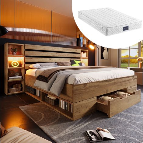 FLORAGRACE Letto matrimoniale 160x200 cm in legno marrone chiaro con testiera contenitore, LED, USB e Type-C, 2 cassetti, con materasso (1/5)