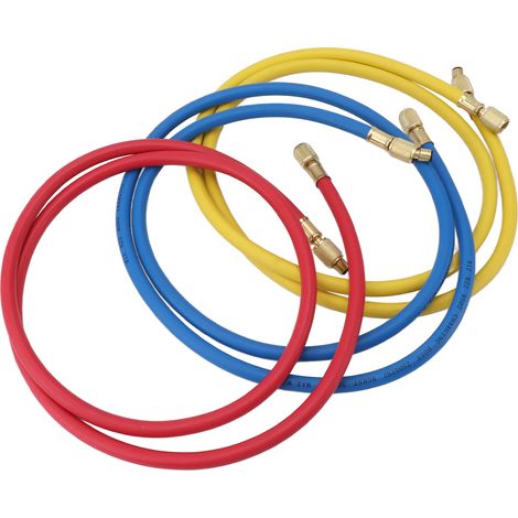 3 pièces 90 cm Flexible de Charge de Réfrigérant Climatisation 1/4 pouce Compatible R12 R22 R502 Bleu Rouge Jaune (1/5)