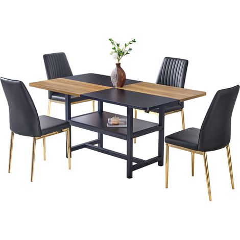 Ensemble table à manger moderne 160 cm avec 4 chaises en cuir régénéré noir, plateau rectangulaire et rangement intégré, métal doré - CHICFURN (1/5)