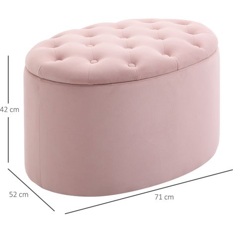 Banquette rose rembourrée avec espace de rangement, 71×52×42 cm, polyester satiné, bois de caoutchouc, forme ovale, pour salon (1/5)