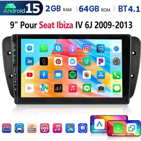 Autoradio Android 15 pouces avec CarPlay pour Seat Ibiza IV 6J (2009-2013) avec navigation, Bluetooth et FM USB Type-C - 2+64G