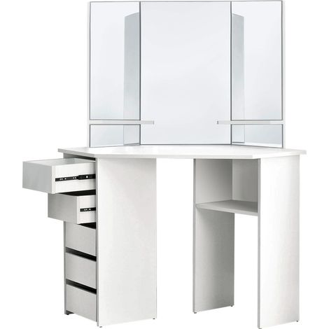 ML-Design Tocador Blanco Mesa de Maquillaje con 3 Espejos Cajón y Compartimentos 110 x 141,5 x 54 cm de Madera MDF Gabinete Moderno Mueble Cómodo de Esquina para Retoques de Belleza Make-up Peluquería (1/4)
