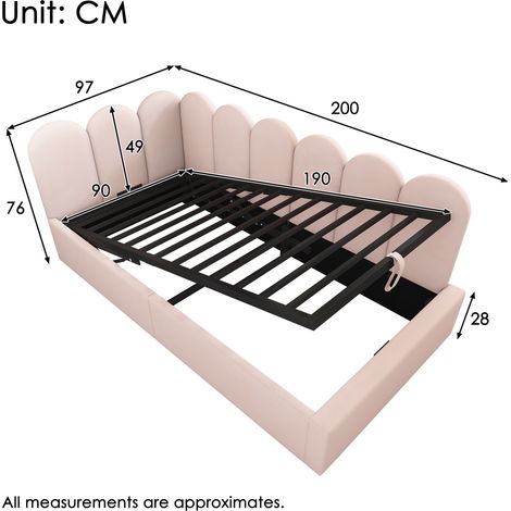Lit de jour capitonné 90x190 cm, canapé-lit avec rangement hydraulique, lit enfant avec sommier à lattes métalliques, velours rose, sans matelas (1/5)