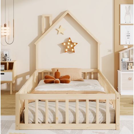 DESVIAE Lit cabane enfant 90 x 200 cm avec forme de cheminée barrières de sécurité sommier à lattes en pin et MDF couleur naturelle (1/5)