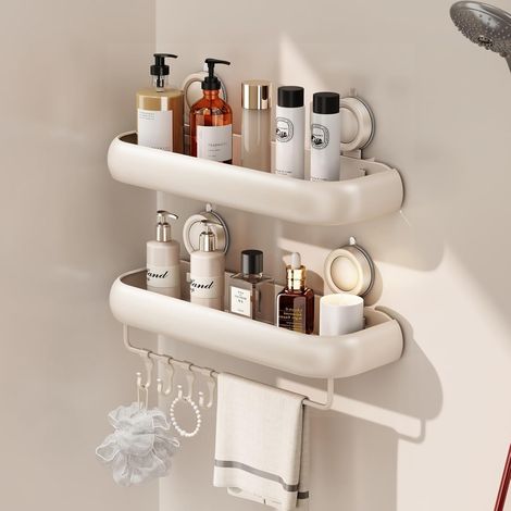 Estante de ducha con ventosas, no requiere taladrar, estante de baño con toallero y ganchos para almacenamiento y organización del baño (2 piezas, blanco) (1/5)