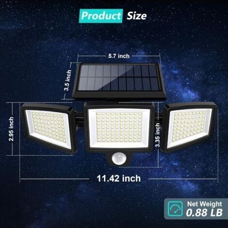 Luci solari da esterno da 2500 lm, 210 LED, luci di sicurezza con telecomando, 3 teste con sensore di movimento, grado di impermeabilità IP65, ampio angolo di illuminazione di 270°, 3 modalità di illu (1/4)