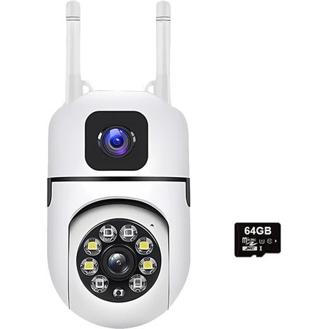 Caméra IP WiFi à Double Objectif et Double écran, Protection de sécurité, Moniteur d'intérieur sans Fil, Suivi Automatique, vidéosurveillance PTZ(Camara 64GB Card) (1/5)