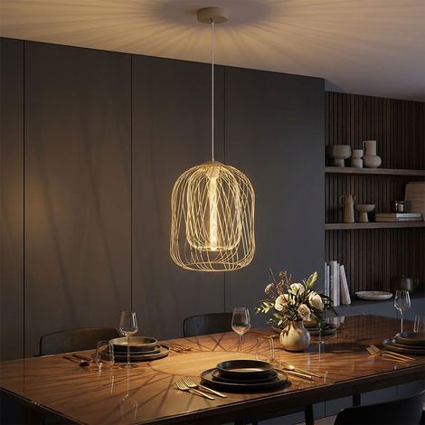 LED Pendelleuchte Hängelampe Esszimmerlampe Drahtgeflecht sandfarben H 150 cm (1/5)