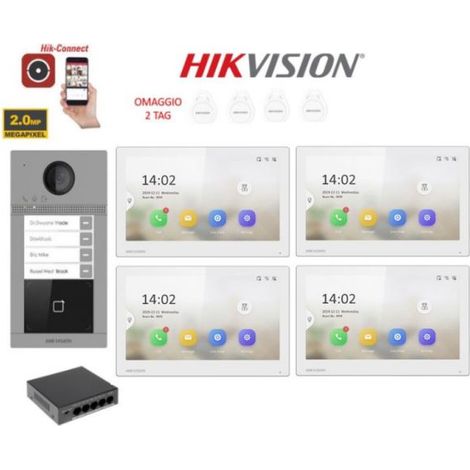 KIT Videocitofono Quadrifamiliare IP Poe Hikvision 2 monitor 7" bianco WIFI smart telecamera 2 mpx