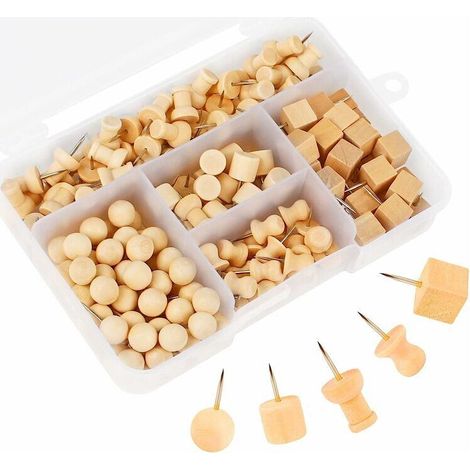 Punaise en Bois 180 Pcs Punaise Décorative en Bois Punaise Goupille en Bois Naturel 5 Formes Poussoirs Bois Murals Punaises à Tête en Bois pour Carte Photo DIY Tableau d'affichage (1/5)
