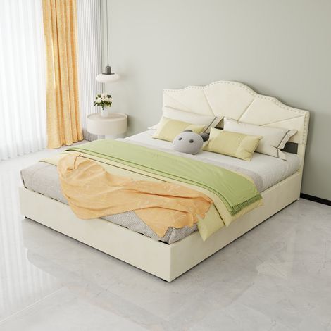 Lit 160x200 cm beige en tissu et métal, tête de lit géométrique, sommier à lattes et montage facile