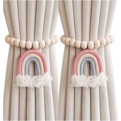 2PCS Rideau embrasses dos, embrasses de Rideau avec pendentif pompon arc en ciel, cravates en bois perlé pour rideaux, pas de poinçonnage Rideau retenues traitement de fenêtre pour chambre à cou (1/4)