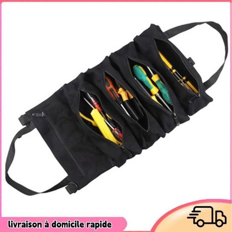 Sac à outils - DILWE - Roll Up - Toile noire - 5 poches zippées - Compact et pratique (1/4)