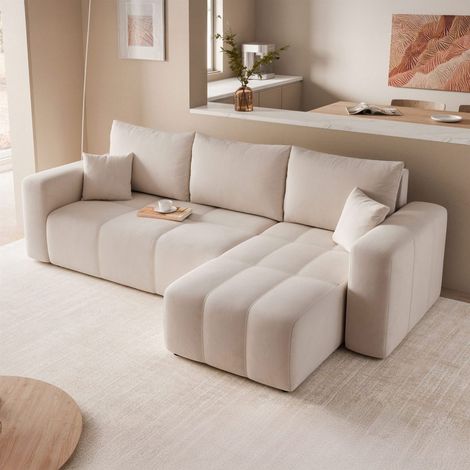 Ecksofa Schlafsofa Sofa LEROS in Stoff Manila Beige Ottomane Rechts