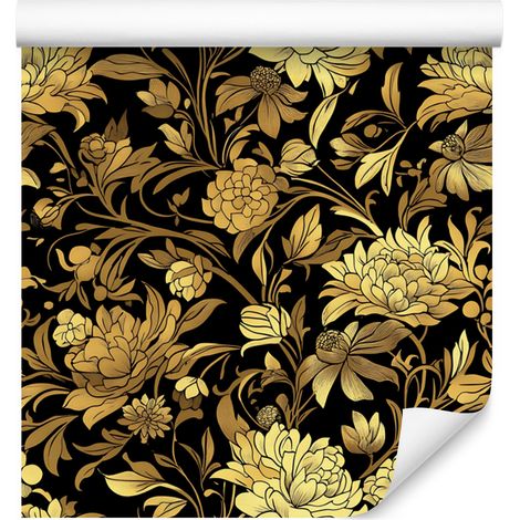 Papier peint Hibiscus doré ocre et jaune pour salon et chambre 50x1000 cm (1/5)