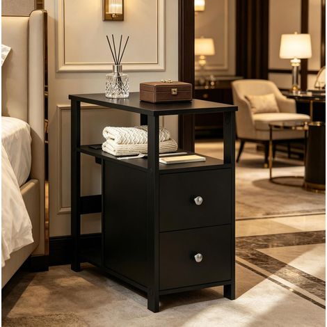Tavolino laterale 60x30x60 cm nero in legno con presa integrata e 2 cassetti (1/5)