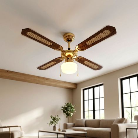 Deckenventilator Deckenlampe mit Ventilator Esszimmer Raumkühler Lüfter mit Glasschirm, Vor-Rücklauf, Metall MDF, 1x E27, D 105 cm