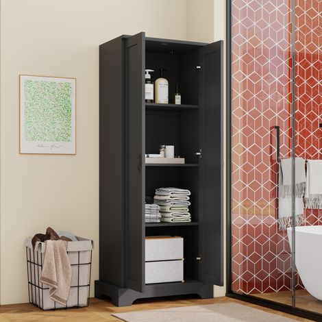 Armoire de salle de bains 56x40x170 cm noire en MDF avec double porte, étagères réglables et fermeture douce (1/5)